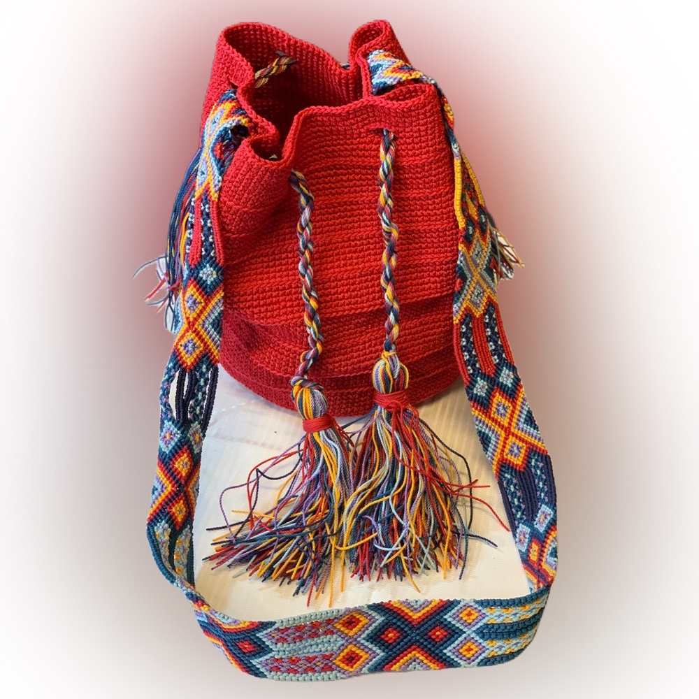 Purse Handwoven Crocheted Bohemian Mexican Satchel Bag / Wayuu Bag / Tassel RED